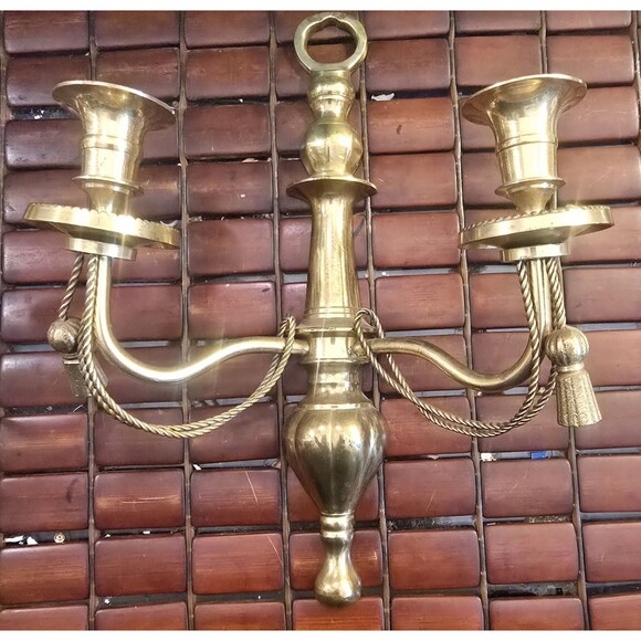 Pair of Brass 2 Candle Sconce Candleholder Set Ornate w/ Tassels 12"x9.5"x4" - Picture 3 of 4